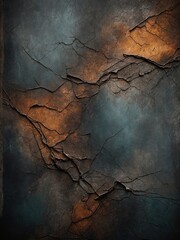 Textured surface, where cracks have formed, unveiling contrasting layer beneath. Top layer, dark, moody with hints of blue, grey tones, breaking apart. Cracks intricate, complex.
