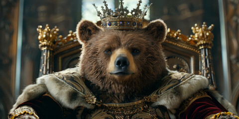 Regal Brown Bear in Majestic Crown and Royal Robes on Throne - obrazy, fototapety, plakaty