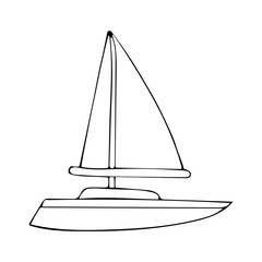 Small sailing yacht for traveling on water. Marine interests and hobbies. Water eco-friendly transport. Vacation on yacht and participation in sailing frigate.Hand drawing.Black line doodle vector.