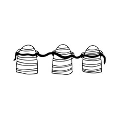 Three large striped sea buoys. Sea buoys connected by rope to each other. Water fencing and protection. Buoys to limit safe marine area. Hand drawing black line doodle vector on white back.