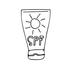 Sunscreen cream in compact tube. Protection of skin from sunburn, UV exposure in summer vacation in hot countries. Protective cream for even tan. Hand drawing black line doodle vector on white.