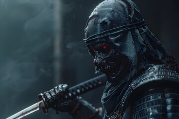 Fototapeta premium Zombie Samurai Warrior Battles for Lost Honor in Ominous Darkness with Cinematic 3D Rendering