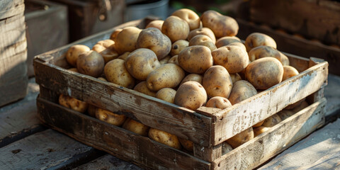 Fresh Harvested Potatoes in Rustic Wooden Crate on Farm