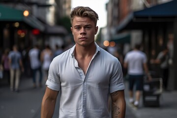 Fototapeta premium A man in a white shirt stands in a busy city street