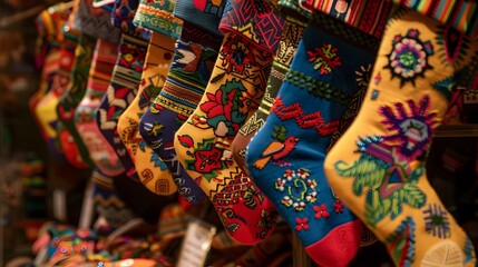 Vibrant Mexican-Inspired Christmas Display with Colorful Embroidered Patterns and Handcrafted Designs