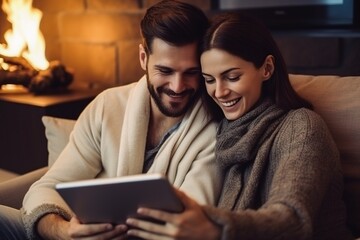 A man and woman are sitting on a couch, holding a tablet