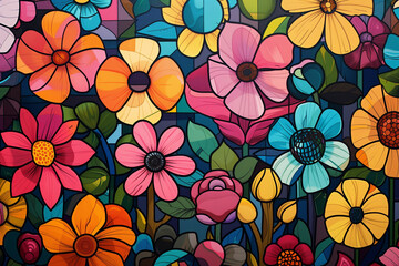 Fototapeta na wymiar Pop art wallpaper with blooming flowers, perfect for retro lovers spring vibe.