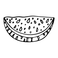 Semicircular slice of watermelon with seeds. Summer harvest. Healthy, natural summer snack with juicy watermelon. Refreshing food.Hand drawing.Black line doodle vector illustration. Isolated on white.
