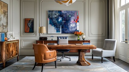 Elegant and Inspiring Home Office with Contemporary Furniture and Vibrant Artwork