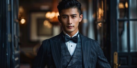 Obraz premium Man in tuxedo standing in hallway