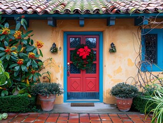 Fototapeta na wymiar Festive Feliz Navidad Greeting at Charming Spanish-Style Home Entrance