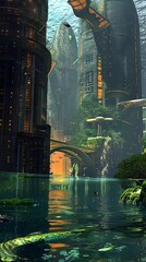 Futuristic Submerged City with Glowing Architectural Structures and Reflection in Flooded Landscape