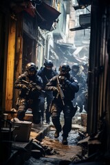 Naklejka premium Tactical unit members evacuating hostages from a besieged structure