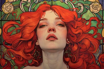 Enchanting Art nouveau woman redhaired. Modern face. Generate Ai - 783685621