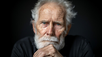 Retrato de un hombre mayor  con pelo canoso sobre fondo negro