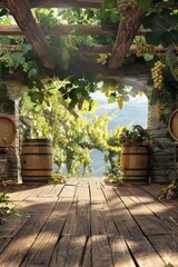 A sunny vineyard podium with grapevines and wine barrels for gourmet and lifestyle products