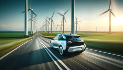 Electric car driving on a country road, wind turbines in the background, motion blur effect. AI generated.