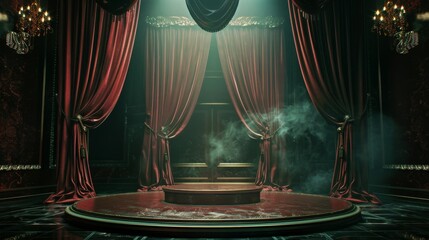 An opera stage podium with velvet curtains and dramatic lighting, for theatrical and luxury items