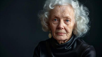 Retrato de una mujer mayor  con pelo canoso sobre fondo negro - obrazy, fototapety, plakaty