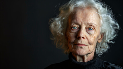 Retrato de una mujer mayor  con pelo canoso sobre fondo negro