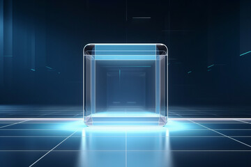 A glowing blue cube sits on a reflective surface in a dark blue void.