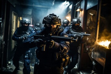 Fototapeta na wymiar Tactical unit members engaging in room-to-room combat during a building clearance operation