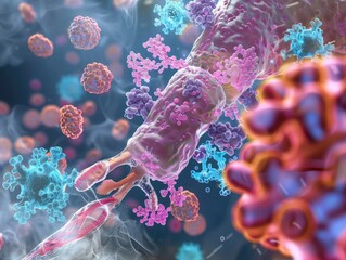 A detailed 3D scene of the human respiratory tract infected with Streptococcus pneumoniae. - obrazy, fototapety, plakaty