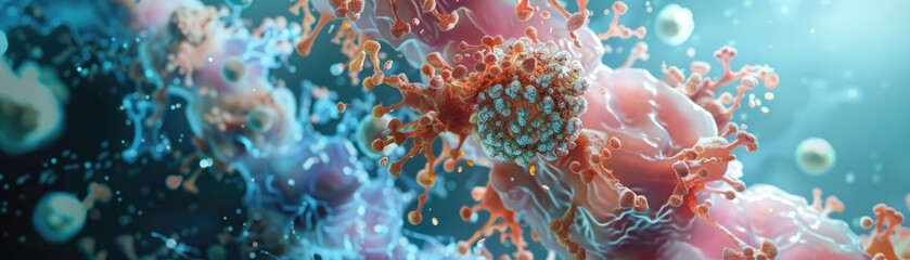 An abstract 3D visualization of antiviral immune response mechanisms within a human cell. - obrazy, fototapety, plakaty