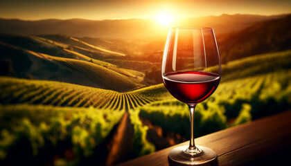 Closeup of a glass of red wine, rolling vineyard hills at sunset in the background