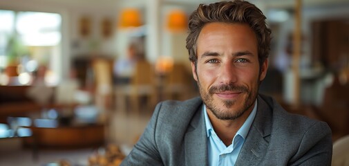 Fototapeta premium portrait of businessman smiling with confident at modern office, Generative Ai
