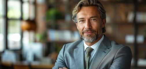 Fototapeta premium portrait of businessman smiling with confident at modern office, Generative Ai