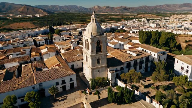 A Spanish town with a church bell tower.