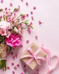 top view of flowers and gift on  tables