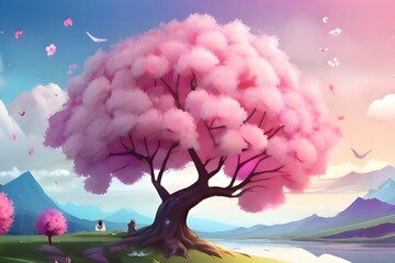 Beautiful fantasy spring nature landscape and cherry blossom tree animated background with anime or cartoon illustration style. seamless looping video  Generative AI