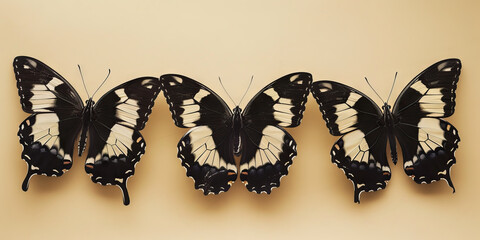 Symmetrical Lineup of Five Monarch Butterflies on Beige Background