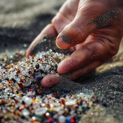 A close-up of a hand scooping microplastics from sandy beach soil, encapsulating the meticulous work involved in cleaning up oceanic and coastal pollution. 