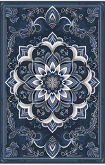 a carpet design, simple line art with white lines on dark grey background, a large abstract flower pattern in the middle of composition, the edge is decorated with blue border line