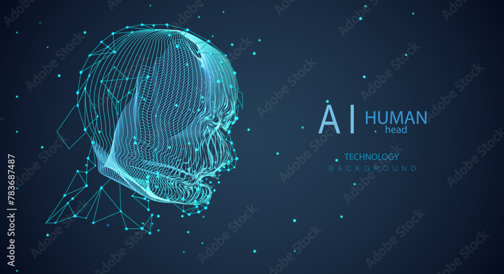 Poster ai human head technology background in low poly and neon lines style. artificial intelligence face v