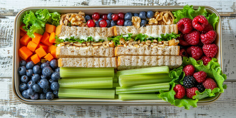 Healthy Snack Box with Fresh Fruits, Vegetables, and Whole Grain Sandwiches