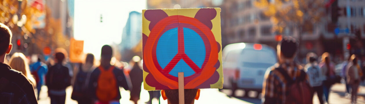 Man with antiwar poster, voicing peace at protest