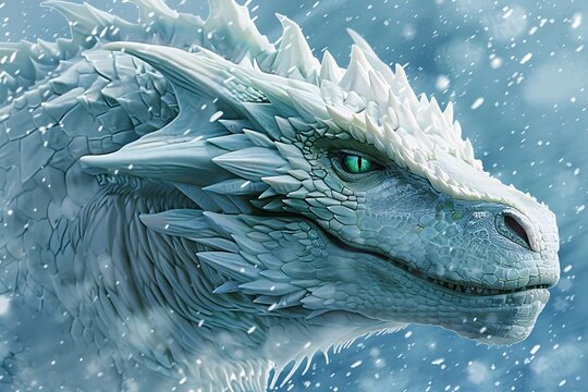 A closeup of the head and shoulders of an ice dragon, with its sharp teeth showing in front view