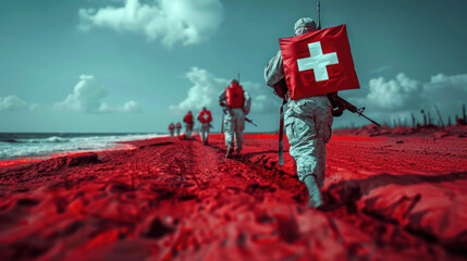 Soldiers in white uniform with a cross on a red war-torn beach under a clear sky, banner, copy space