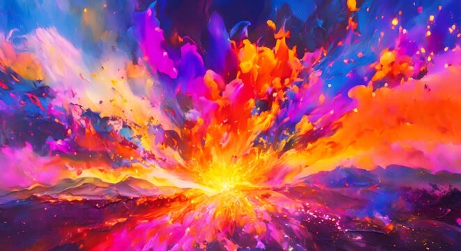 Eruption at Dusk - evening sky with an explosion of colors and textures, vibrant hues of orange and blue as the sun sets in the background 