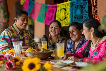 Mexican Family Enjoying a Colorful Festive Meal Together