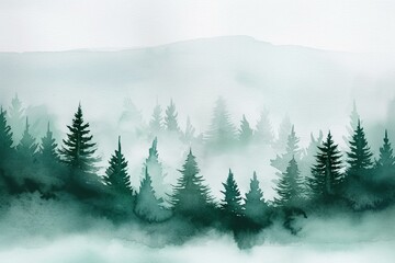 Serene Watercolor Forest Landscape in Misty Greens