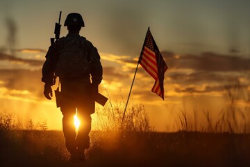 Silhouette of a Soldier with American Flag at Sunrise - obrazy, fototapety, plakaty