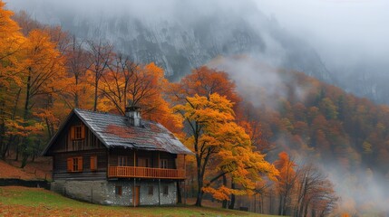 Cabin in the mountains surrounded by fall foliage