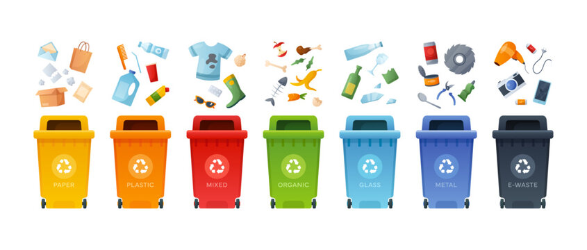 Waste segregation. Vector set of garbage containers and types of trash paper, plastic, metal, organic, e-waste,glass,mixed. Sorting, separating and recycling garbage infographic. Rubbish bin 