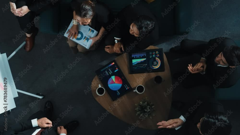 Aufkleber top down view of business team listen investor present idea while standing at whiteboard. diverse gr