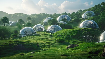 A futuristic landscape of multiple domes with glass walls - obrazy, fototapety, plakaty